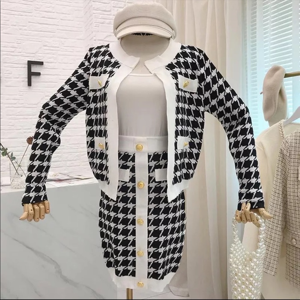 Houndstooth Sweater Knit Skirt and Cardigan Set